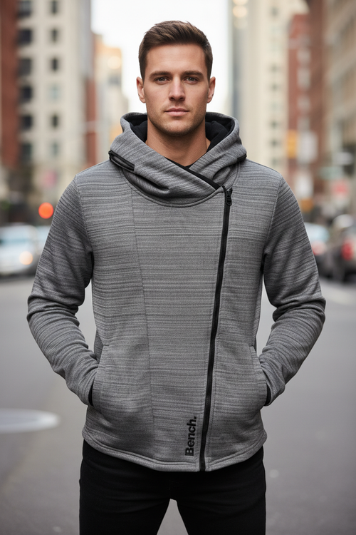 Bench. Szürke Aszimmetrikus Zip Hoodie – Férfi ELÖL