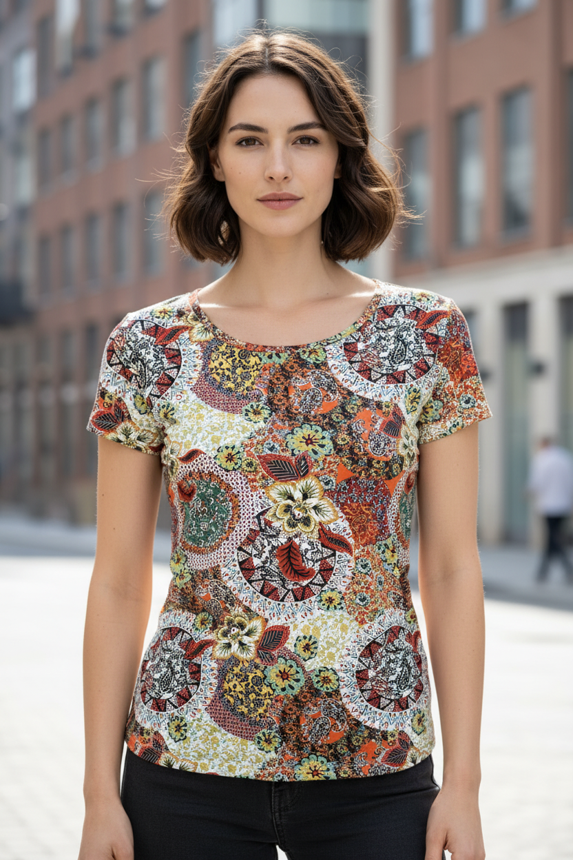 NED Patchwork Virágos Póló – elölnézet
