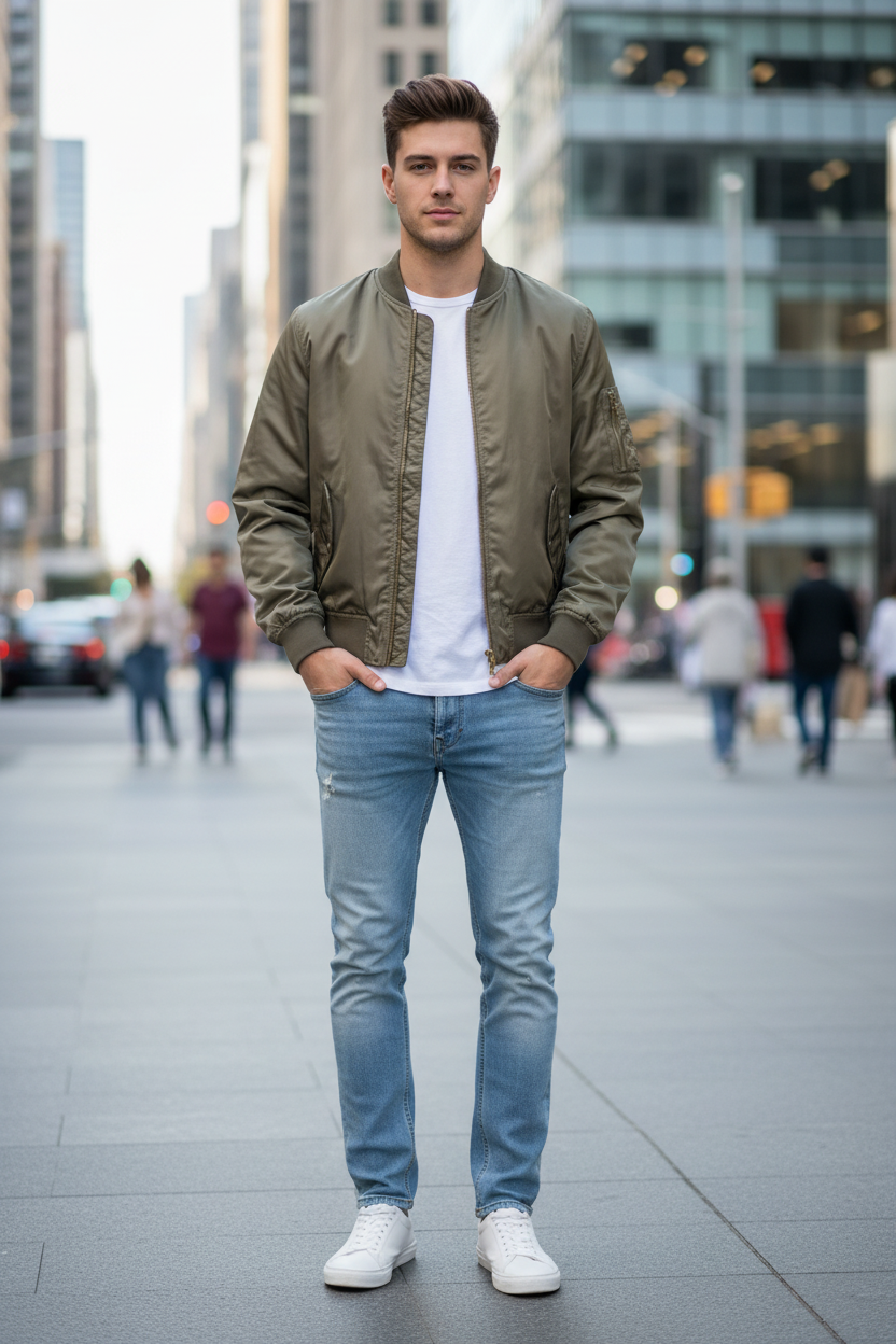 Pull&Bear bomber - utcai elölnézet (AI generált)
