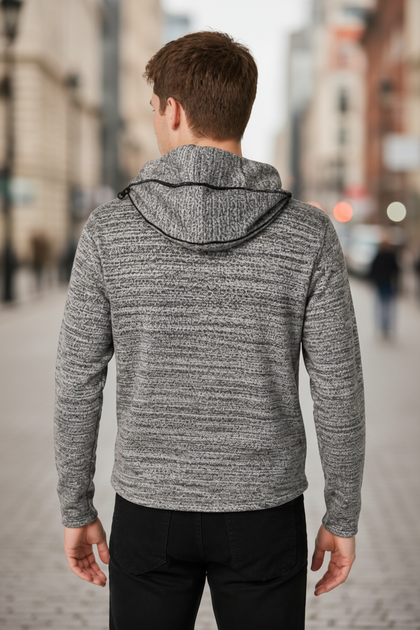 Szürke melírozott hoodie – városi háttér, hátnézet