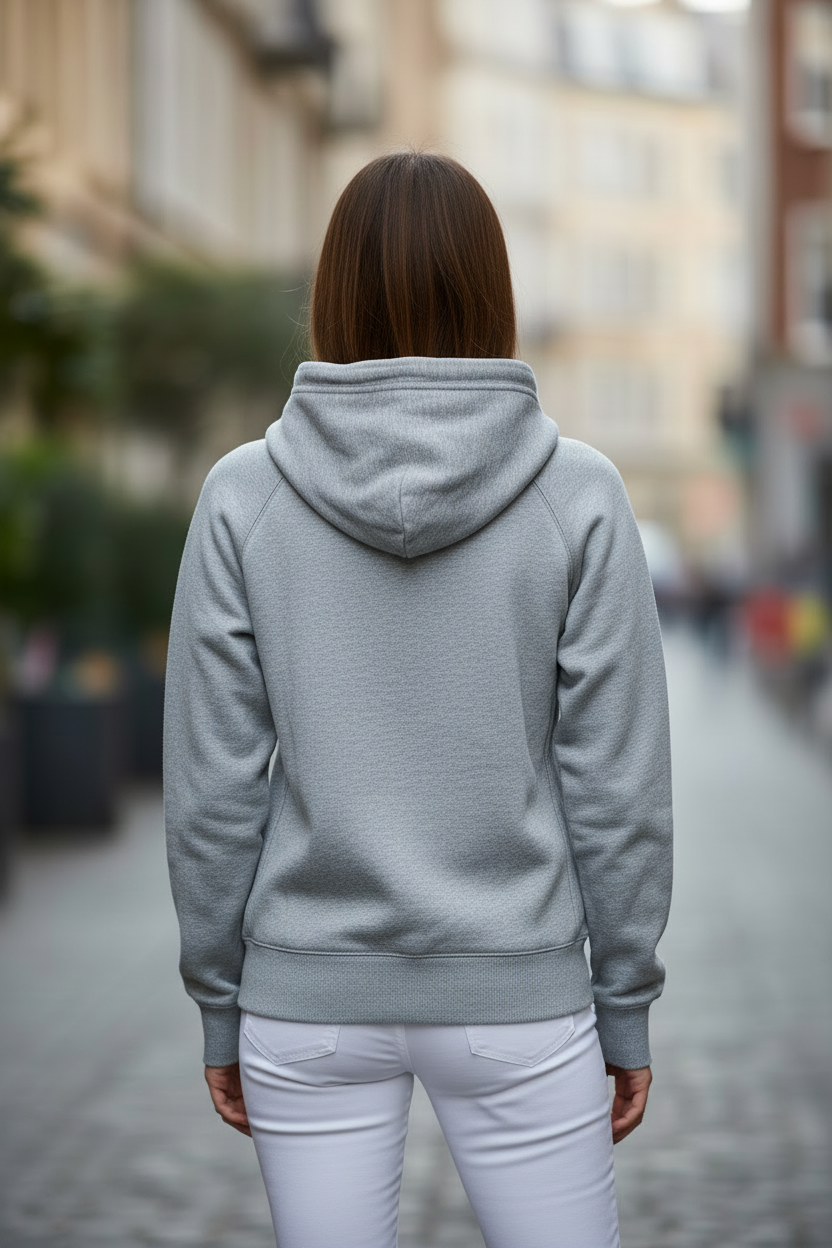 Champion szürke zip-up hoodie – hátul nézet, modellen
