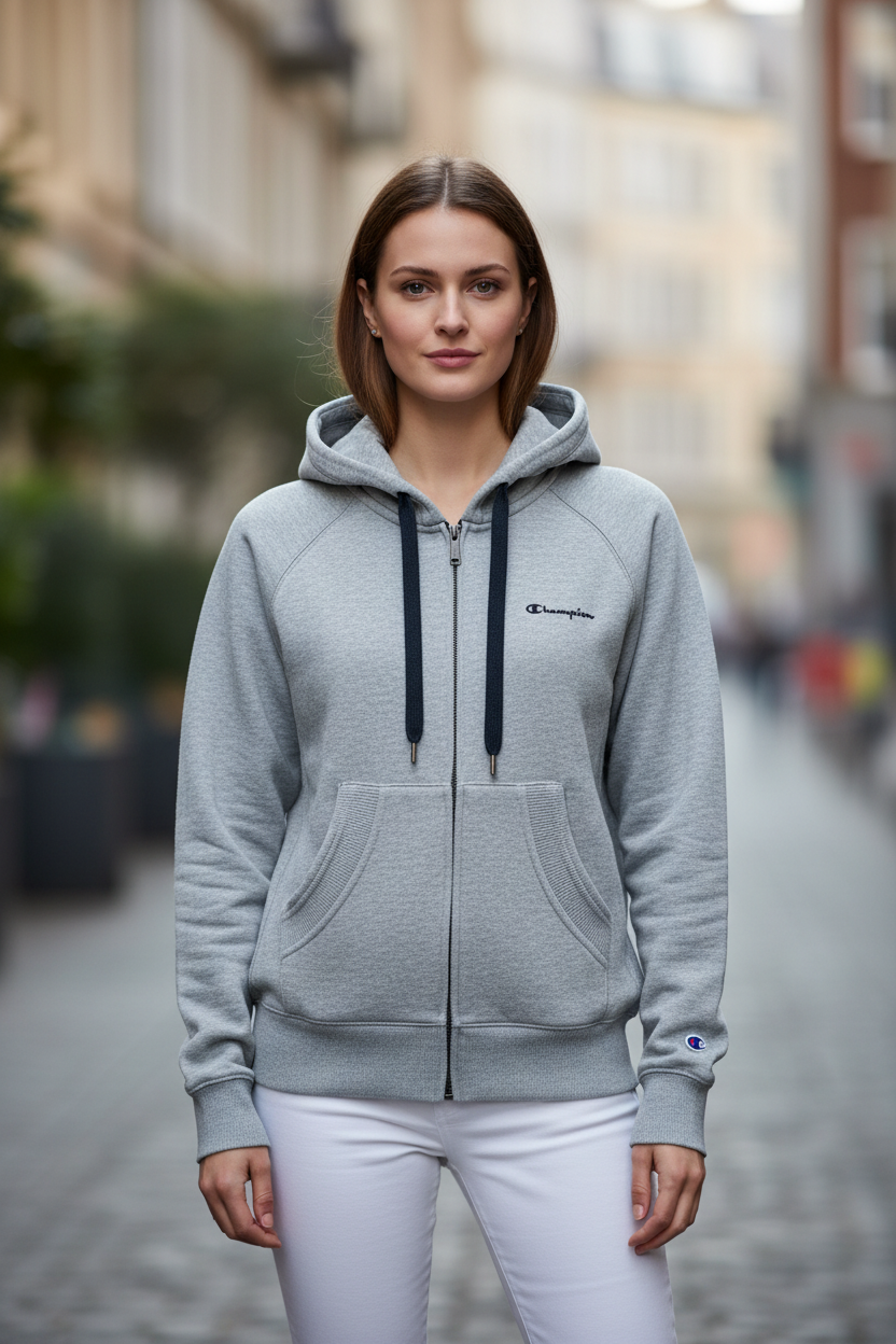 Champion szürke zip-up hoodie – elöl nézet, modellen