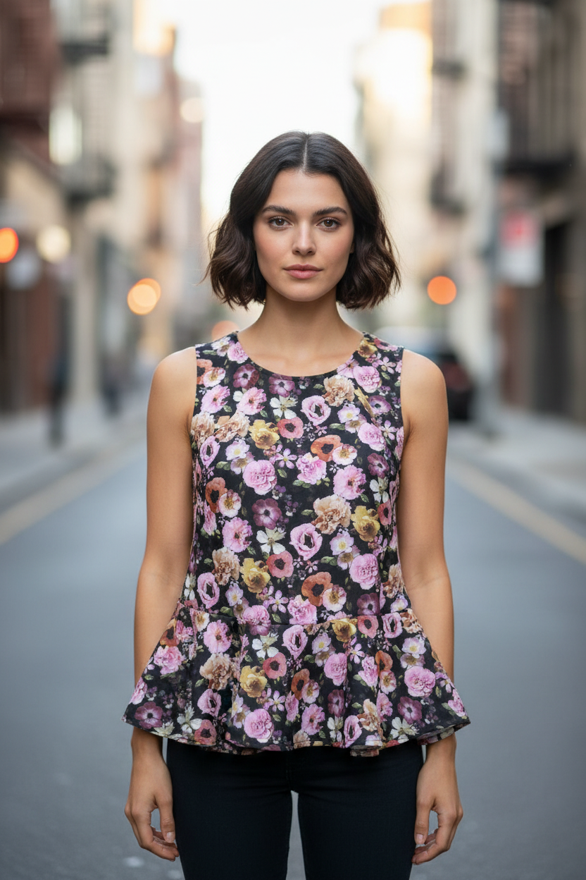H&M Fekete Virágos Peplum Top – elölnézet