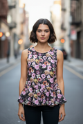 H&M Fekete Virágos Peplum Top – elölnézet
