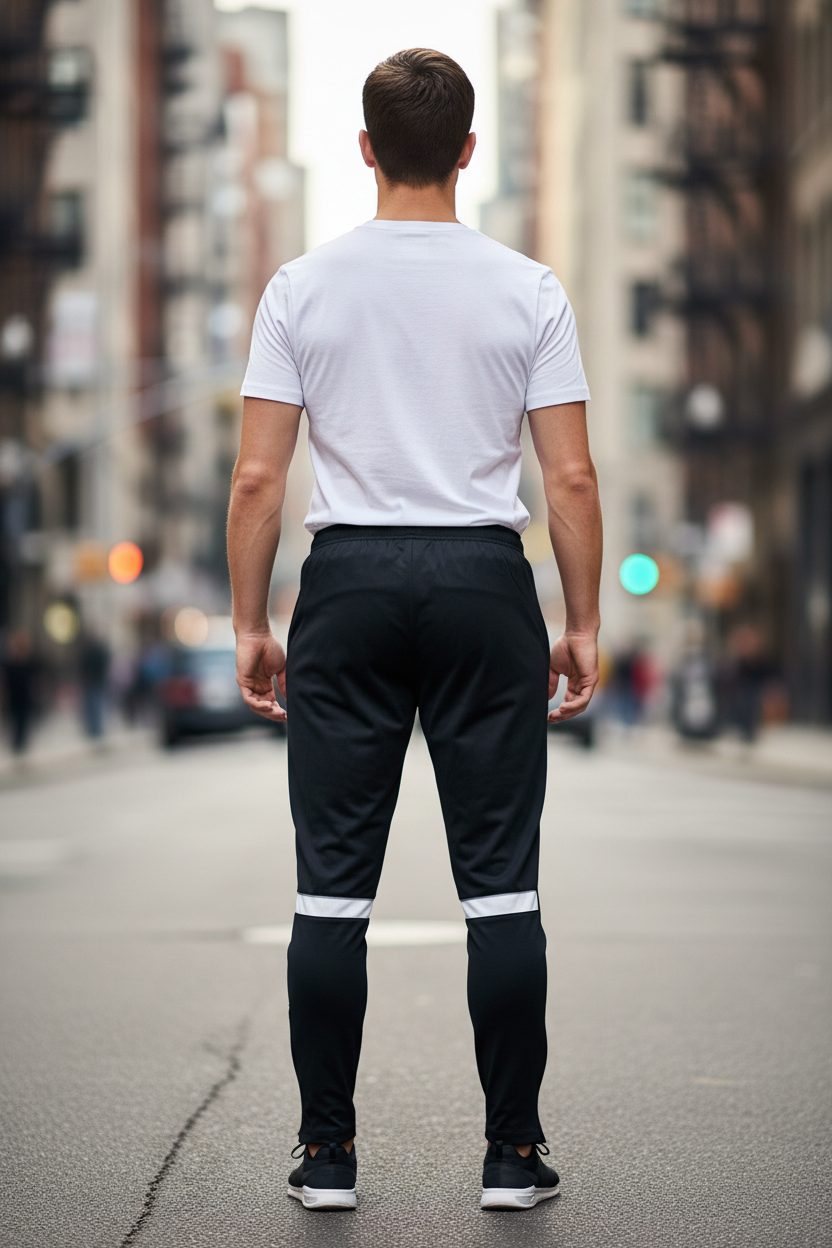Nike Dri-FIT Academy fekete futball edzőnadrág hátulnézet, fehér visszaverő csíkkal