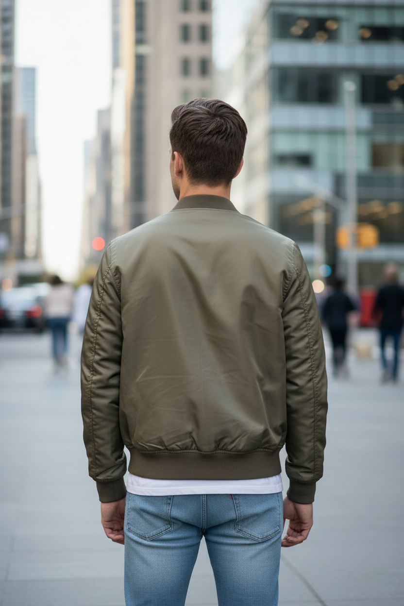 Pull&Bear bomber - utcai hátulnézet (AI generált)