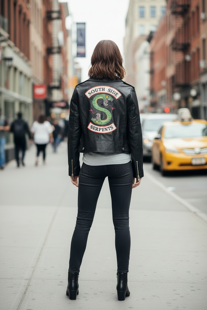 South Side Serpents biker - utcai hátulnézet (AI generált)