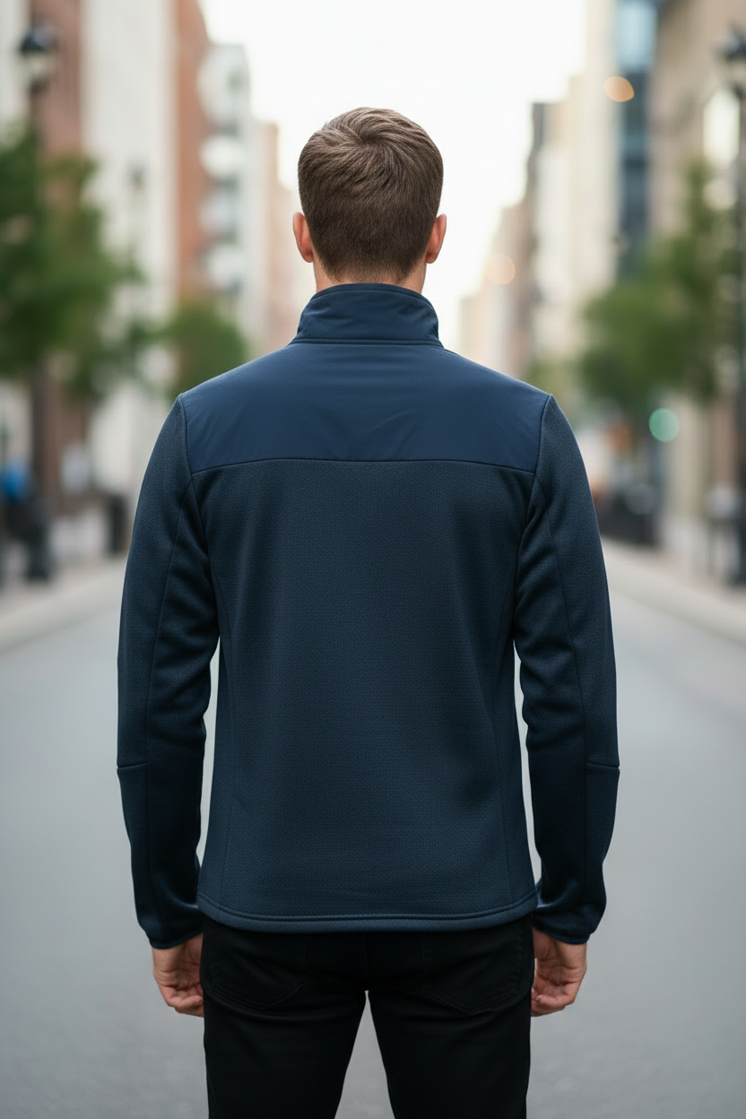 Férfi softshell dzseki – hátul nézet, modellen
