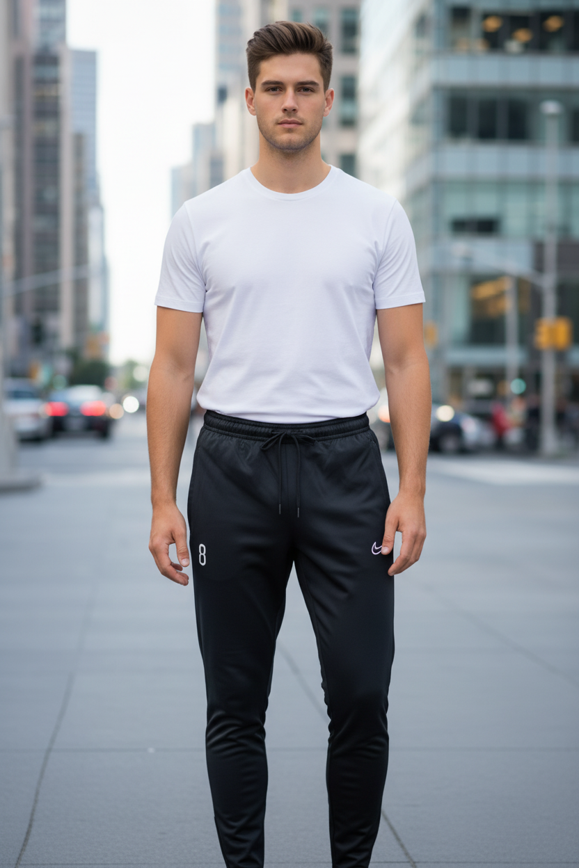 Nike Dri-FIT Academy fekete futball edzőnadrág elölnézet, fehér 8-as szám és Nike Swoosh