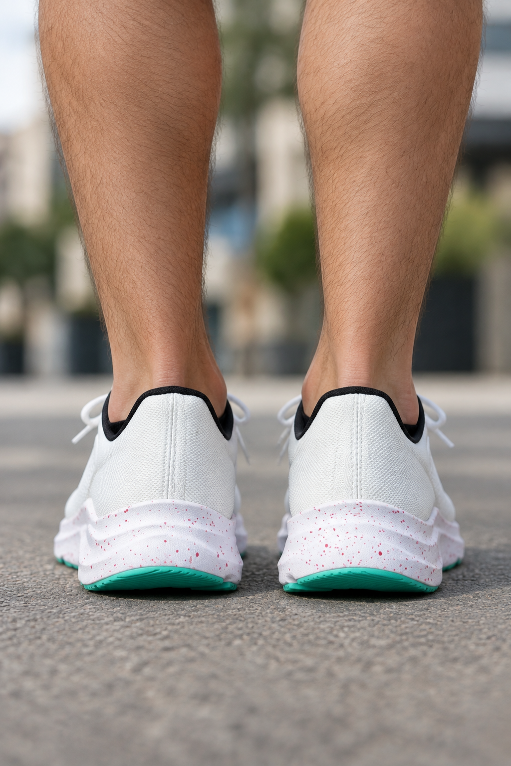 Fehér-türkiz Under Armour Charged Pursuit 4 BL cipőpár férfilábon, hátulnézet
