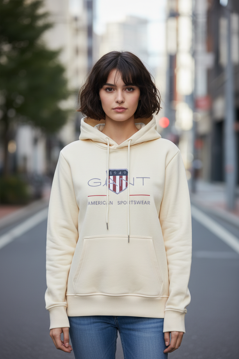 GANT Archive Shield krém hoodie – női modell, elöl