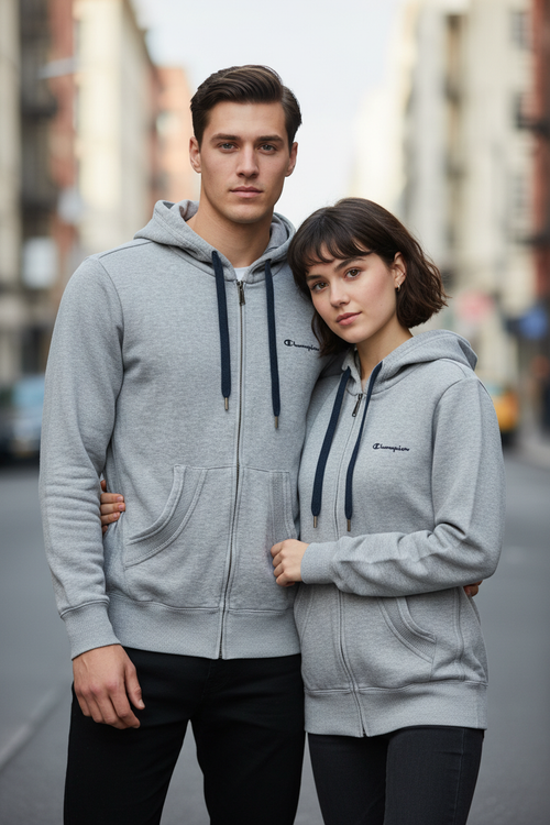 Unisex elölnézet – Champion szürke hoodie, páros
